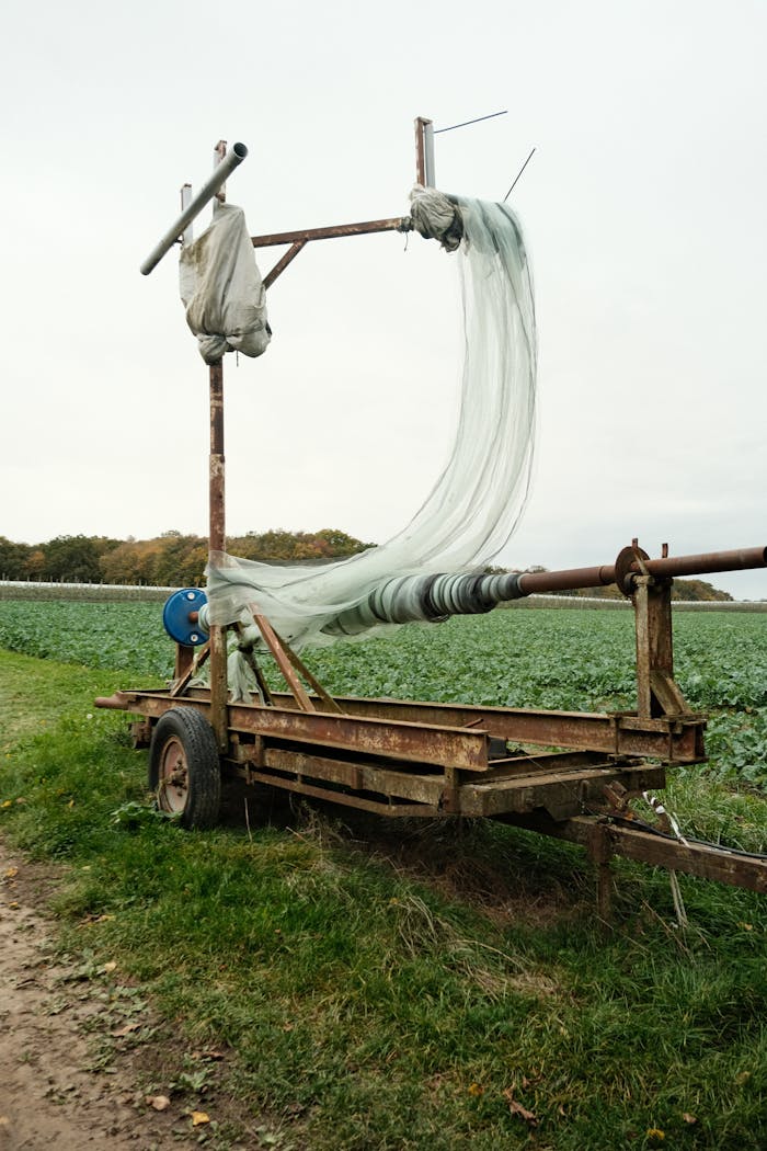 A rustic agricultural machine with a net in a rural field, offering a glimpse into farm life.